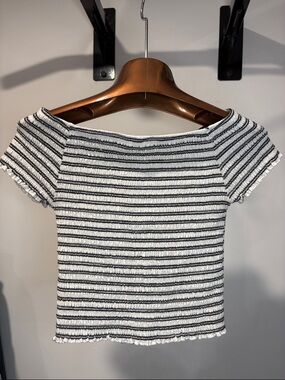 Eyeshadow Black & White Striped Smocked Off-Shoulder Crop Top